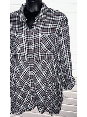 Westbound Woman Sz PLUS 2X Gray Plaid Flannel Button Up Peplum Shirt EUC
